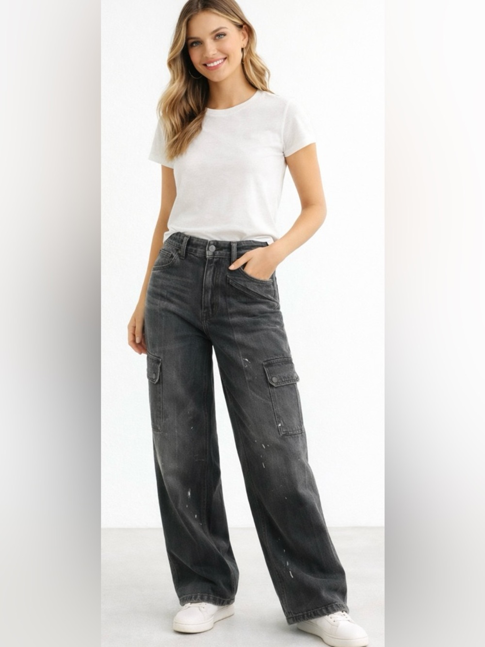 ZARA‎ Grey Paint-Splatter Cargo Wide Leg Jeans | Utility Streetwear Denim